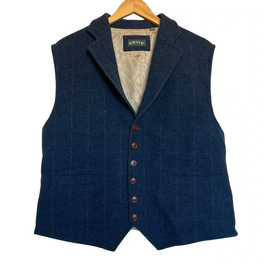 Orvis Men’s XL Navy Wool Windowpane Dress Vest - Picture 2 of 9